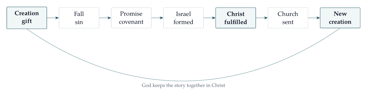 Creation-to-new-creation arc. The gospel grows thin when Jesus is detached from the whole story God gives.