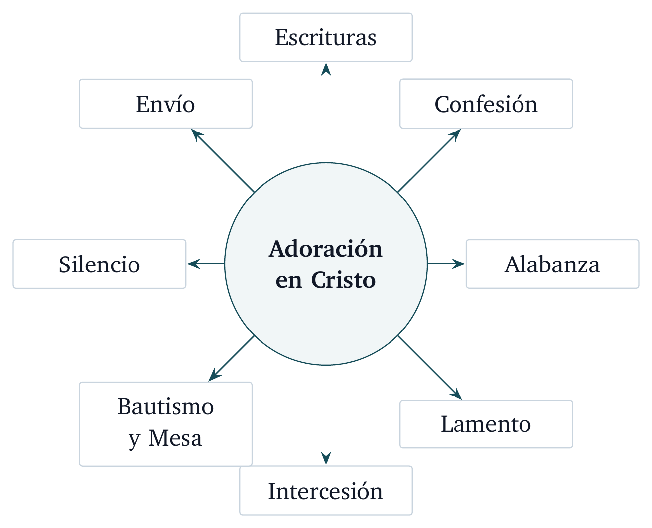 Rueda de formación de la adoración. El culto forma al cuerpo mediante las Escrituras, la confesión, la alabanza, el lamento, la intercesión, el bautismo y la Mesa, el silencio y el envío.